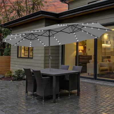 470 cm Grote Dubbele Terrasparasol met 48 Solar-LED-lampen & Kurbel Buitenparasol Grijs