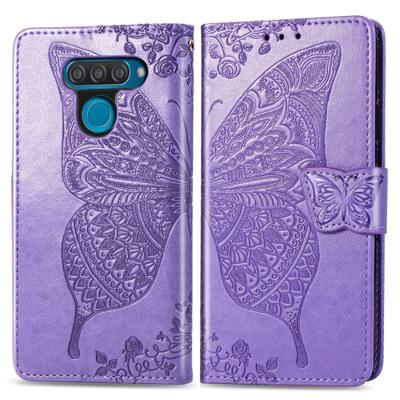 Butterfly Love bloemen reliëf horizontale Flip lederen case voor LG q60 met houder & kaartsleuven & portemonnee & Lanyard (licht paars)