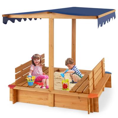 Houten Zandbak voor Kinderen met Luifel Zandbak voor Buiten met 2 Converteerbare Banken Beschermende Hoeken en Bodemloos Ontwerp