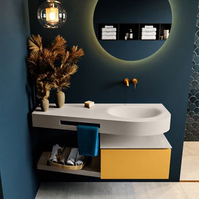 MONDIAZ RIVA 120cm badmeubel onderkast / planchet kleur Ocher met 1 lade. Wastafel DULCET rechts 0 kraangaten kleur Linen. MONDIAZ RIVA 120cm badmeubel onderkast / planchet kleur Ocher met 1 lade. Wastafel DULCET rechts 0 kraangaten kleur Linen.