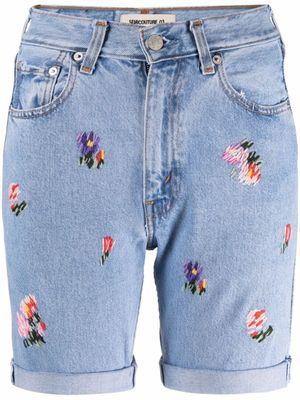 Semicouture short en jean Mathilde à fleurs brodées - Bleu