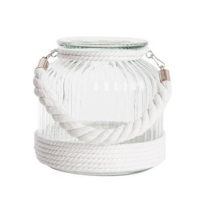 Kaarshouder/windlicht glas 18 cm met wit touw