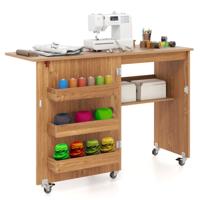 Vouwbare Naaitafel Rollende Knutselstation met Opbergvak 3 Verborgen Containers Mobiele Naaitafel 118,5 x 40 x 79,5 cm Natuur
