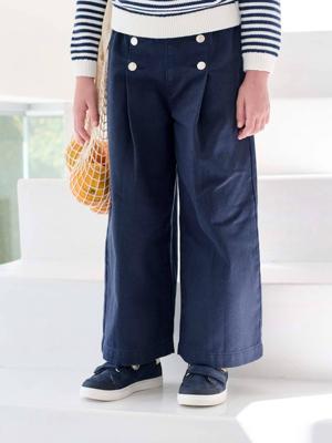 Wijde meisjesbroek met knopen marineblauw