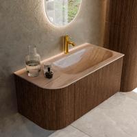 Badmeubel Mondiaz Kurve-Dlux | 95 cm | Meubelkleur Walnut | Wastafelkleur Saba | Solid surface | Wasbak rechter zijde spoelbak | 1 kraangat