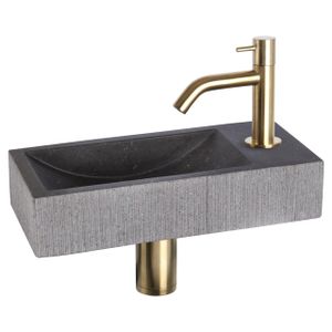 Differnz Ribble fonteinset - 38x18x8cm - Rechthoek - 1 kraangat - gebogen goud matte kraan - natuursteen zwart 38.402.26