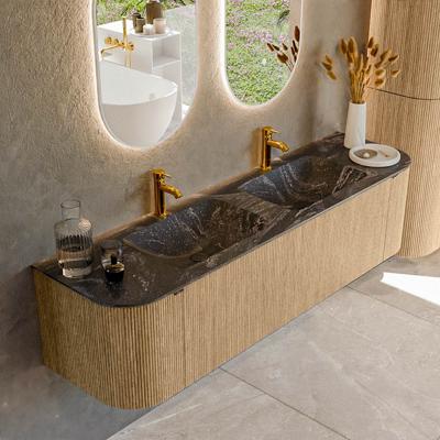 Badmeubel Mondiaz Kurve-Dlux | 170 cm | Meubelkleur Oak | Wastafelkleur Lava | Solid surface | Dubbele spoelbak | 2 kraangaten