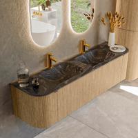 Badmeubel Mondiaz Kurve-Dlux | 170 cm | Meubelkleur Oak | Wastafelkleur Lava | Solid surface | Dubbele spoelbak | 2 kraangaten