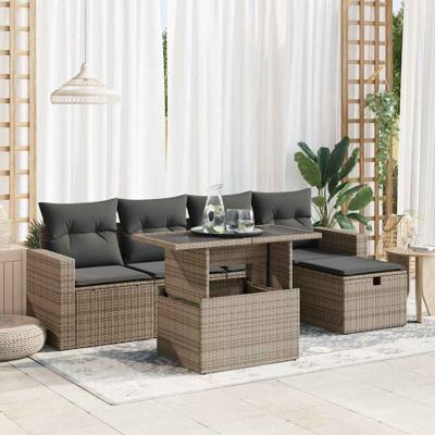 6-delige Loungeset met kussens poly rattan grijs