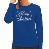 Kersttrui voor dames - blauw - Merry Christmas - in zilveren glitter letters - kerstkleding