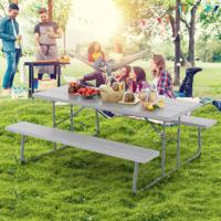 Opvouwbare Picknicktafel met 2 Banken Weerbestendig Hdpe-Tafelblad en Parasolgat Tuin en Zwembadfeest Grijs