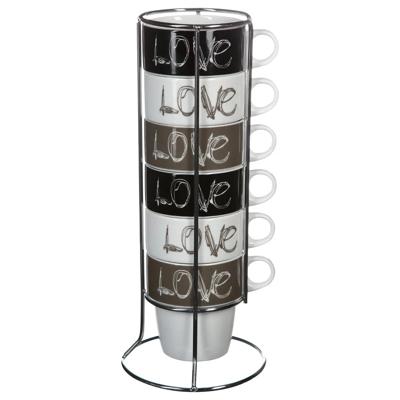 Koffiemokken Love - 6x stuks in metalen rekje - Keramiek - glans afwerking - 260 ml - 8 x 9 cm
