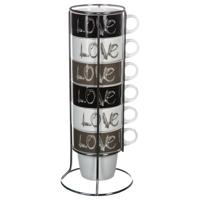 Koffiemokken Love - 6x stuks in metalen rekje - Keramiek - glans afwerking - 260 ml - 8 x 9 cm