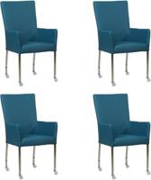 Set van 4 Blauwe leren moderne eetkamerstoelen Deal - met armleuning poot vierkant rvs met wiel - Toledo Leer Turquoise (blauw leer)
