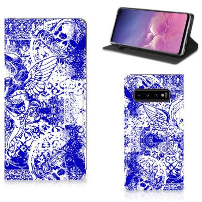 Mobiel BookCase Samsung Galaxy S10 Angel Skull Blauw