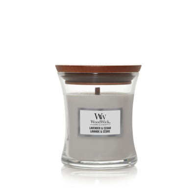 WoodWick Geurkaars Mini Lavender & Cedar - 8 cm / ø 7 cm - Geurkaars in Glas - Houten Lont
