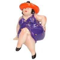 Inware Home decoratie beeldje dikke dame - jurk paars - 15 cm - Beeldjes - thumbnail