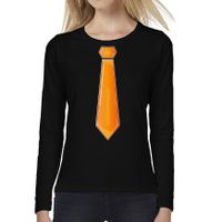 Verkleed shirt voor dames - stropdas oranje - zwart - carnaval - foute party - longsleeve - thumbnail