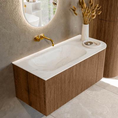 Mondiaz KURVE-DLUX 105 cm Onderkast Greeploos 1 Lade Met Deuren Walnut, Wastafel Solid Surface Links Ostra 0 Kraangaten Zonder Spiegel (KRVBGS105R1L1D0KL-Wal/Ost)