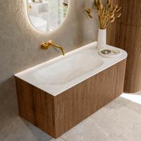 Mondiaz KURVE-DLUX 105 cm Onderkast Greeploos 1 Lade Met Deuren Walnut, Wastafel Solid Surface Links Ostra 0 Kraangaten Zonder Spiegel (KRVBGS105R1L1D0KL-Wal/Ost)