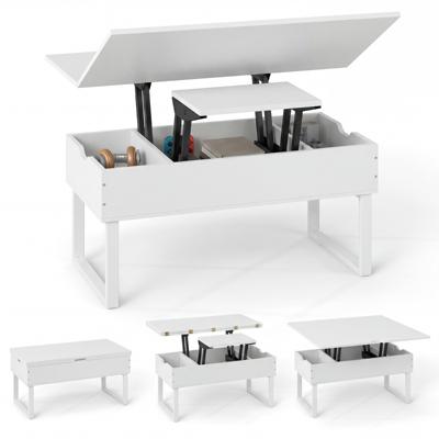 Salontafel met in Hoogte Verstelbaar Tafelblad 3-in-1 Verstelbare Salontafel met 3 Verborgen Vakken Moderne Salontafel en Eettafel-Wit
