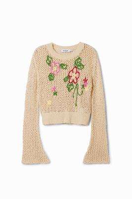 Gerafelde gebreide trui bloemen - WHITE - XS