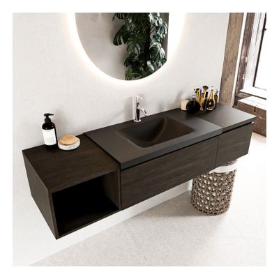 Mondiaz Bukla 160cm badmeubel met open module 40 links dark brown 2 lades met wastafel midden 1 kraangat kleur urban
