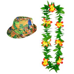 Hawaii thema party verkleedset - Hoedje Tropical print - bloemenkrans groen/geel - Tropical toppers