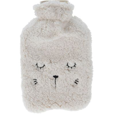 Warmwaterkruik 2 liter met zachte fleece hoes kat creme wit - Kruiken
