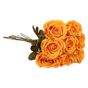 Kunstbloemen boeket roos Calista - 8x - perzik oranje - 66 cm - kunststof steel - decoratie bloemen