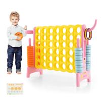 Enorme 4 Wint Speelset met Basketbalkorf en Werpspel Incl. 42 Jumbo Ringen en Schuifregelaar voor Snel Herstart-Roze