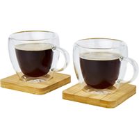 Dubbelwandige koffieglazen/theeglazen 100 ml - set van 2x stuks - met bamboe onderzetters