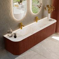 Badmeubel Mondiaz Kurve-Dlux | 180 cm cm | Meubelkleur Ruby | Wastafelkleur Frappe | Solid surface | Wasbak beiden zijden spoelbak | 2 kraangaten