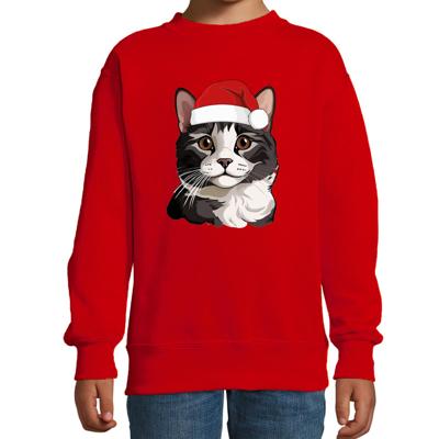 Kersttrui / sweater katten/poezen - kinderen - grijze kat/poes - rood - kerstmuts - Kerstmis Kersttrui / sweater katten/poezen - kinderen - grijze kat/poes - rood - kerstmuts - Kerstmis