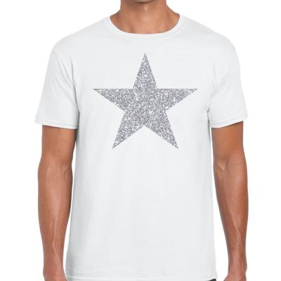 De Ster van de show - verkleed t-shirt - wit - met zilveren ster in glitters - heren - glamour