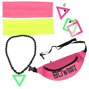 Foute 80s/90s party verkleed set compleet - dames - neon roze - jaren 80/90 verkleed accessoires