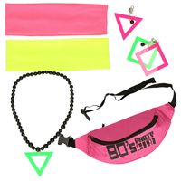 Foute 80s/90s party verkleed set compleet - dames - neon roze - jaren 80/90 verkleed accessoires - thumbnail