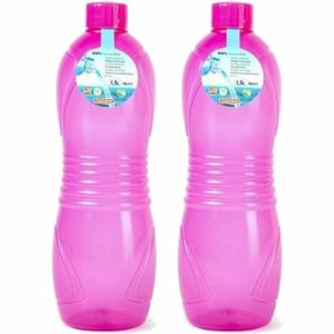 Drinkfles/waterfles/bidon - 2x - 1500 ml - transparant/roze - kunststof