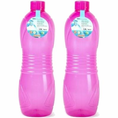 Drinkfles/waterfles/bidon - 2x - 1500 ml - transparant/roze - kunststof