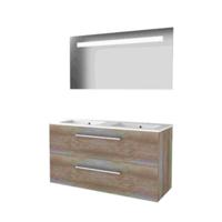Basic-Line Economic 46 Badkamermeubelset - 120 x 46 cm - Met Grepen - 2 Lades - Keramische Wastafel - 2 Kraangaten - Spiegel met LED Verlichting - Scotch Oak