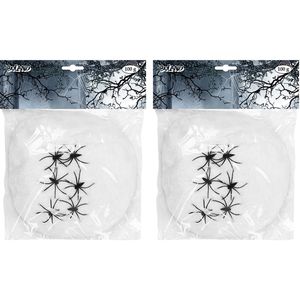 Decoratie spinnenweb/spinrag met spinnen - 2x - 100 gram - wit - Halloween/horror versiering