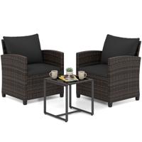 3-Delige Tuinmeubelset 2 Gestoffeerde Fauteuils met een Salontafel van Gehard Glas(Bruin Rietwerk)-Zwart