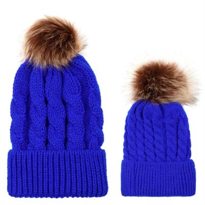 2 in 1 herfst en winter ouder-kind hoed set warme twist textuur gebreide muts met wol bal grootte: ouder-kind (Royalblue)
