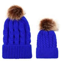 2 in 1 herfst en winter ouder-kind hoed set warme twist textuur gebreide muts met wol bal grootte: ouder-kind (Royalblue)