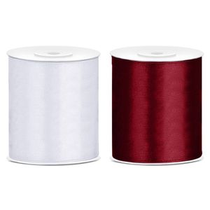 2x rollen hobby decoratie satijnlint bordeaux rood-wit 10 cm x 25 meter