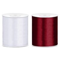 2x rollen hobby decoratie satijnlint bordeaux rood-wit 10 cm x 25 meter - thumbnail