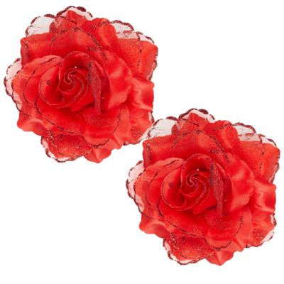 Rode roos haarbloem met glitters - 2x - Hawaii thema haarbloemen - Carnaval/verkleed artikelen