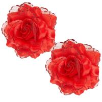 Rode roos haarbloem met glitters - 2x - Hawaii thema haarbloemen - Carnaval/verkleed artikelen