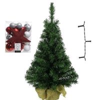 Mini kerstboom inclusief lampjes en wit/zilver/rode versiering