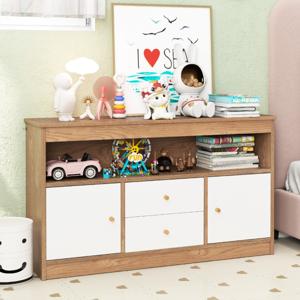 Speelgoedkast voor Kinderen Houten Boekenkast voor Kinderen Open Plank 2 Lades 2 Deuren voor Speelkamer Kinderkamer Wit/Natuurlijke